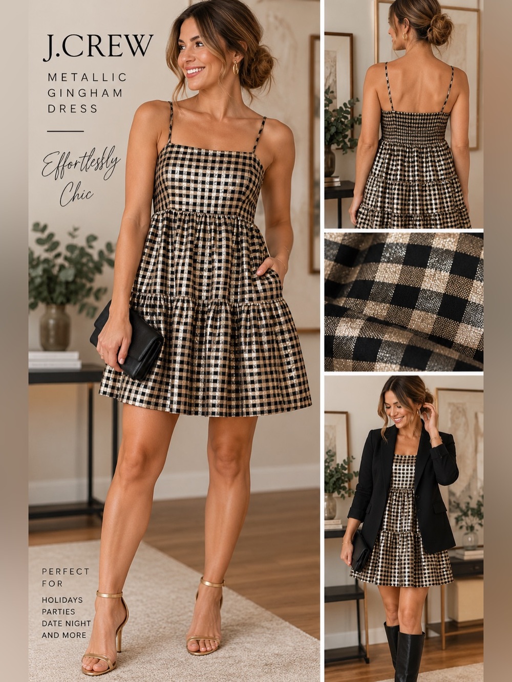 J.Crew Metallic Gingham Tiered Mini Dress — Size 8